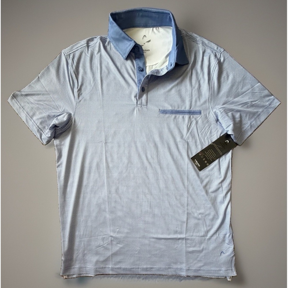 New Head Golf Short Sleeve Polo Shirt Blue Geometric Stretch NWT Medium JBHS